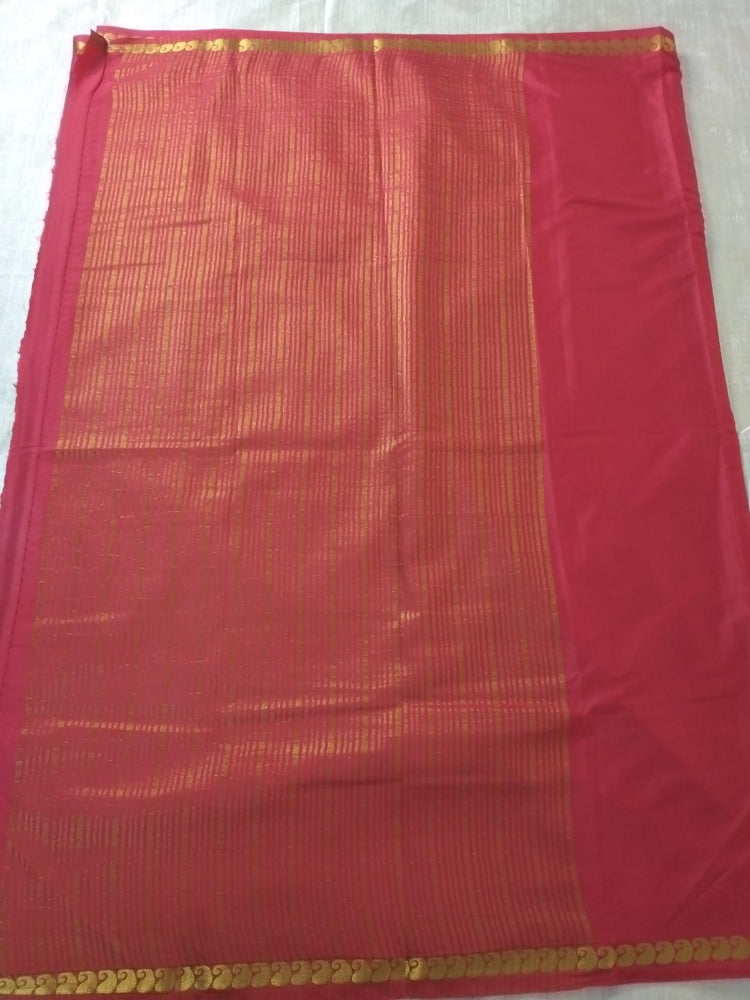 Red with thin mango Golden border Mysore Semi Crepe silk saree