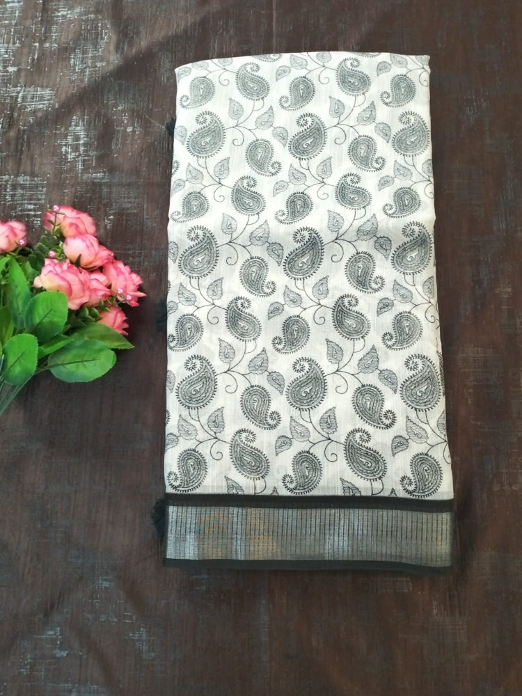 White with black contract Mango design elite cotton saree with silver zari border