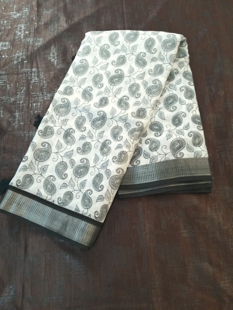 White with black contract Mango design elite cotton saree with silver zari border