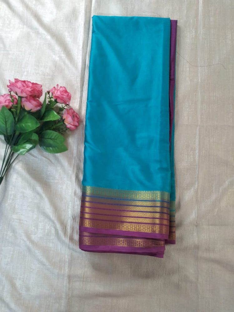 Blue and  pink combination with golden border Mysore Semi Crepe silk saree
