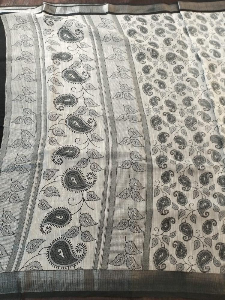 White with black contract Mango design elite cotton saree with silver zari border