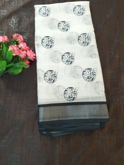 White with black contract elite cotton saree with silver zari border