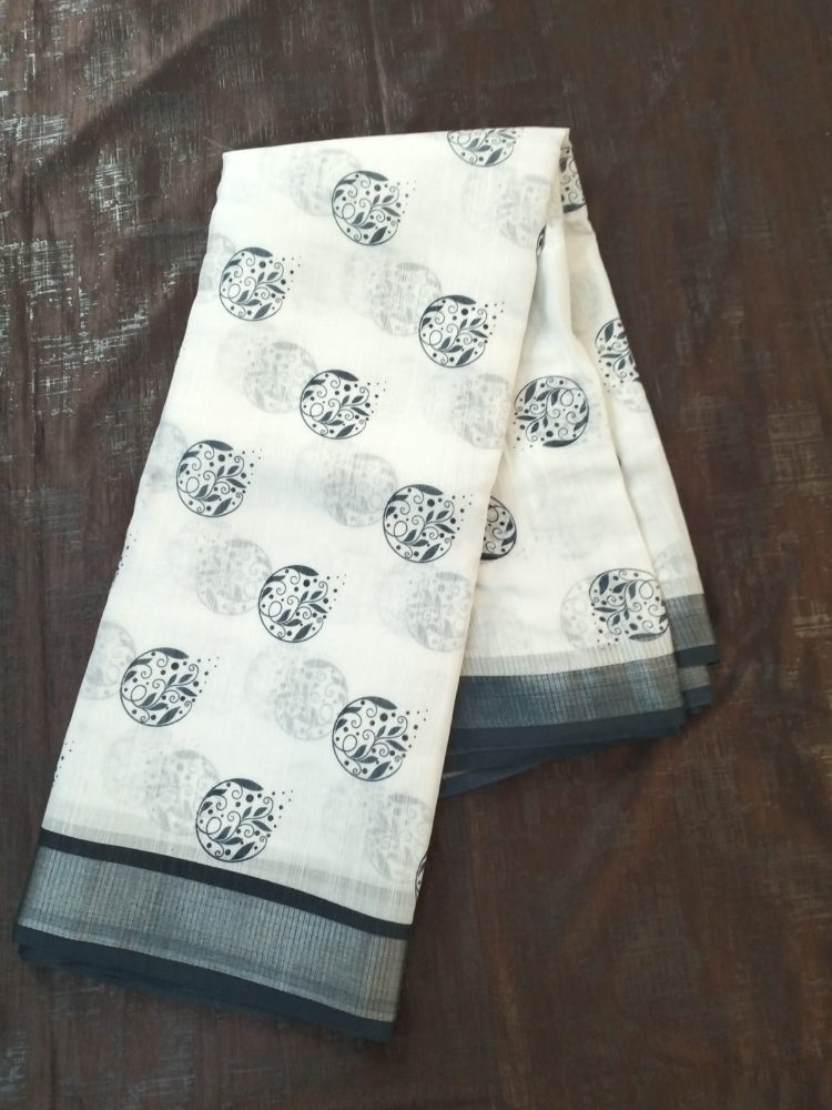 White with black contract elite cotton saree with silver zari border