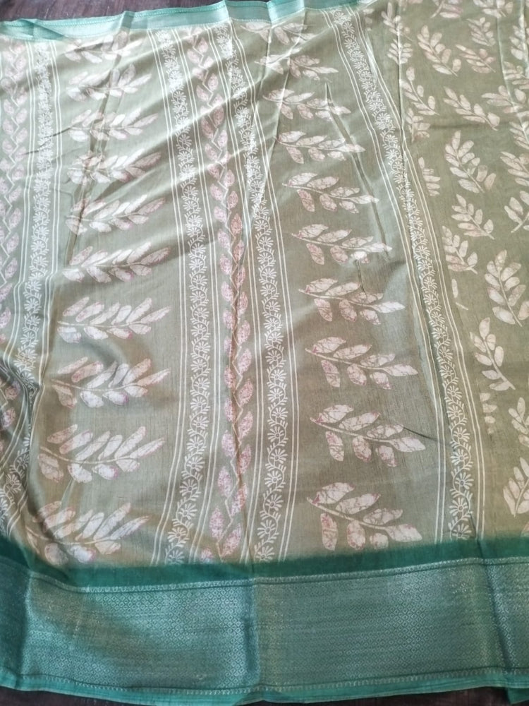 Olive green leaf pattern semi silk saree with rich border
