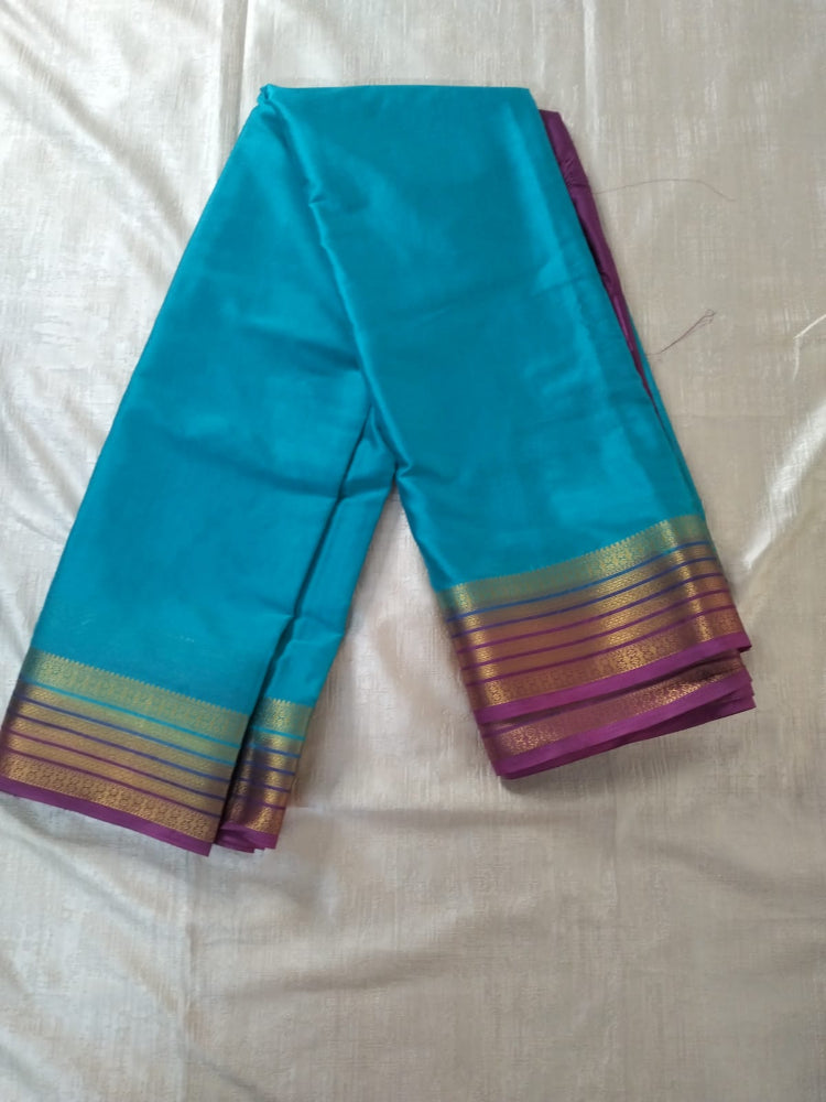 Blue and  pink combination with golden border Mysore Semi Crepe silk saree