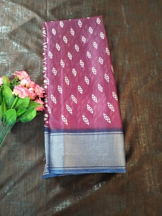 Maroon geometric design semi silk saree with rich blue border