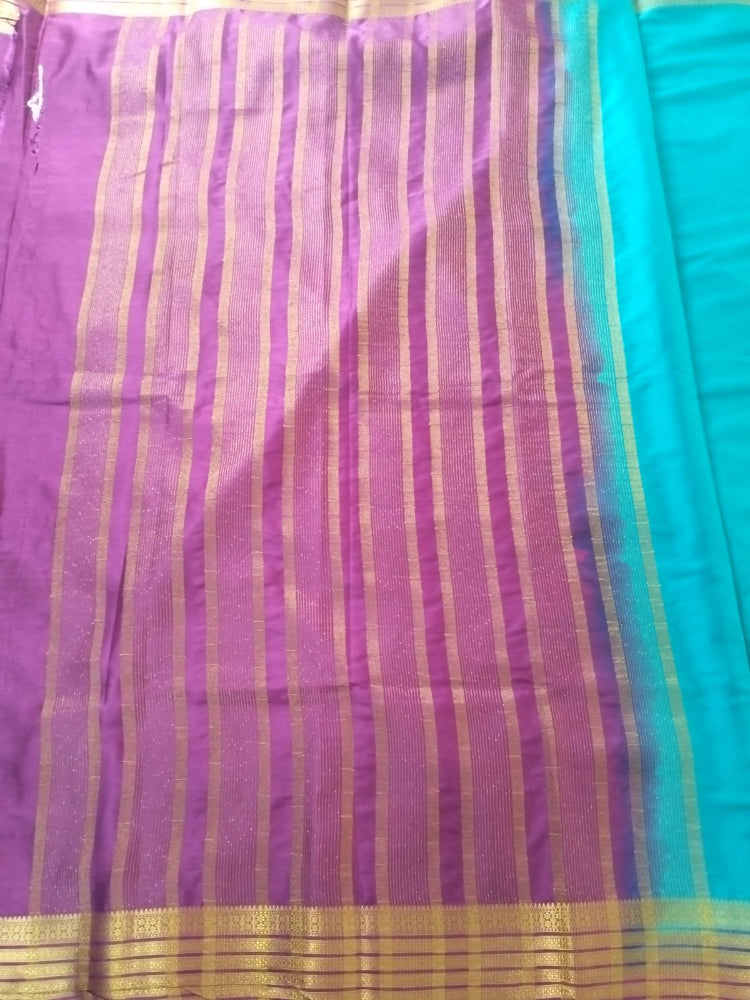 Blue and  pink combination with golden border Mysore Semi Crepe silk saree