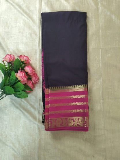 Navy blue with Pink border Golden line Mysore Semi Crepe silk saree