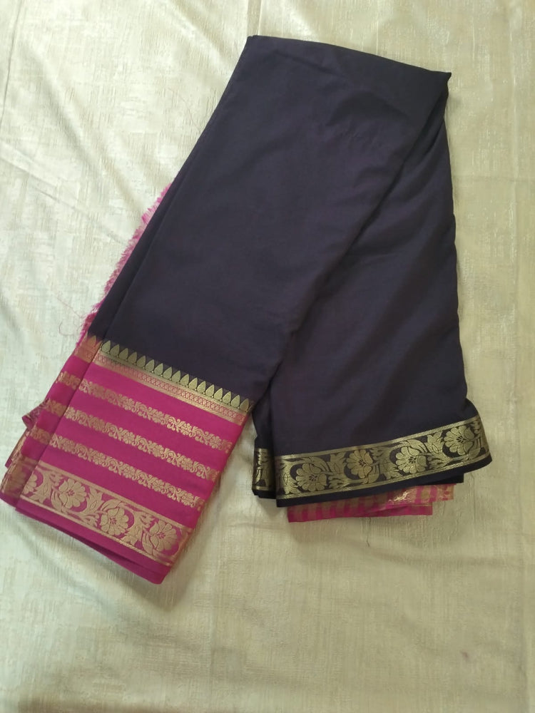 Navy blue with Pink border Golden line Mysore Semi Crepe silk saree