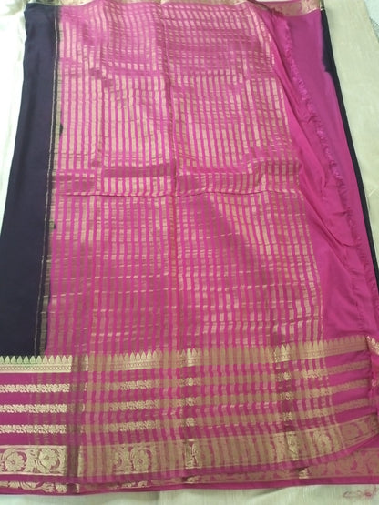Navy blue with Pink border Golden line Mysore Semi Crepe silk saree