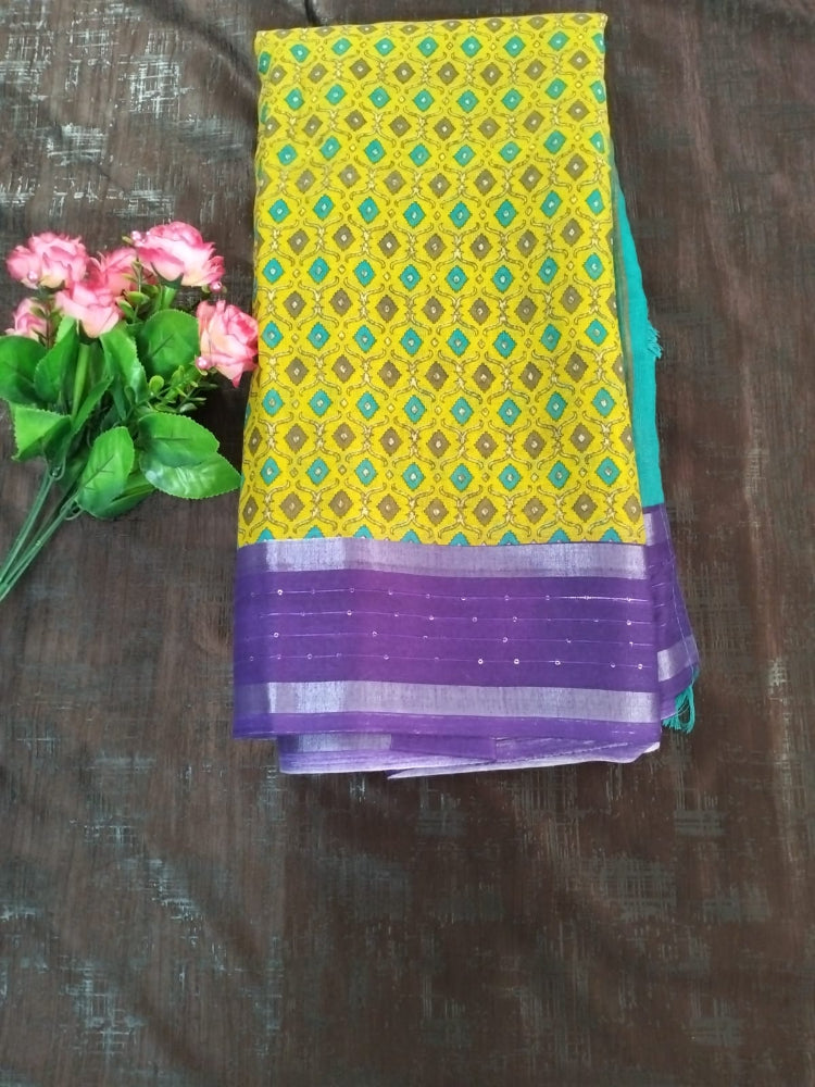 Yellow with Purple Cotton Saree fancy saree