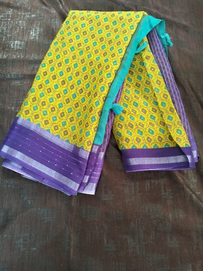 Yellow with Purple Cotton Saree fancy saree