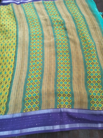 Yellow with Purple Cotton Saree fancy saree
