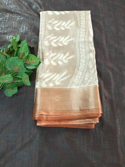Rust leaf pattern semi silk saree with rich border