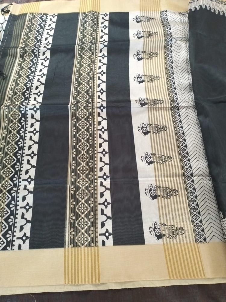Black with light yellow border cotton saree