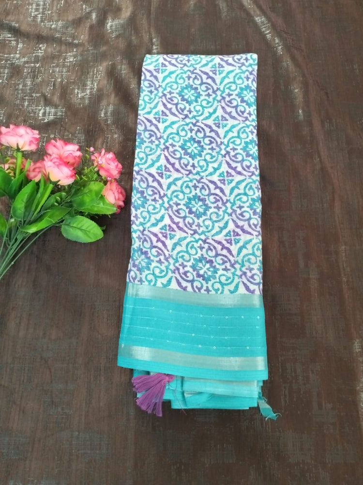 Blue with Purple design Cotton fancy  Saree