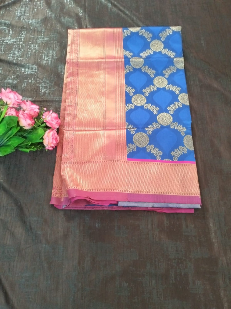 Blue with purple with heavy golden border lichee silk