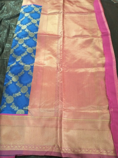 Blue with purple with heavy golden border lichee silk