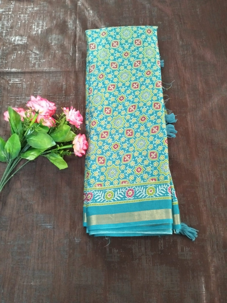 Sea green with zari border Cotton fancy  Saree