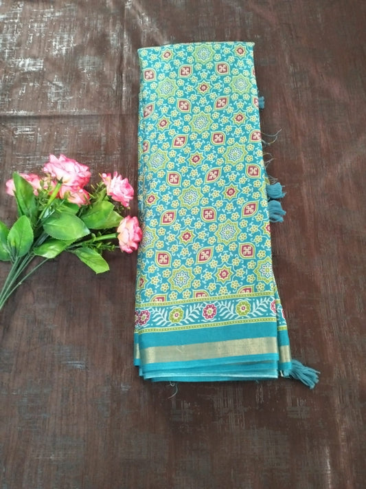 Sea green with zari border Cotton fancy  Saree