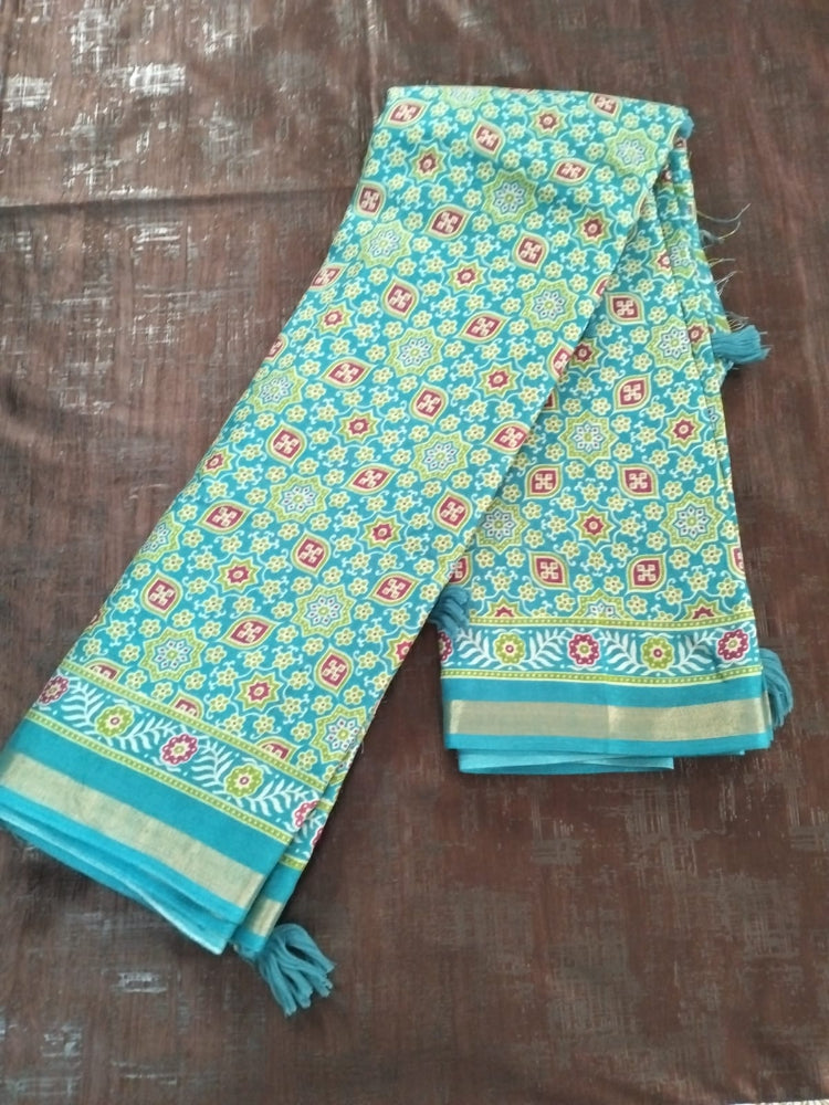 Sea green with zari border Cotton fancy  Saree