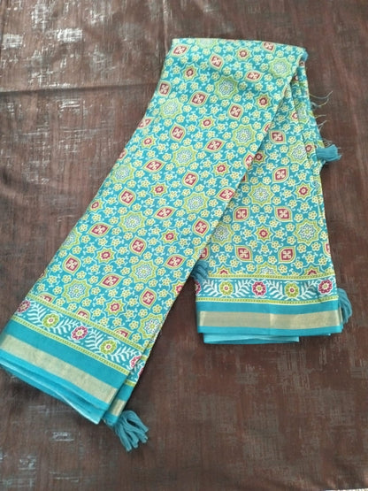 Sea green with zari border Cotton fancy  Saree