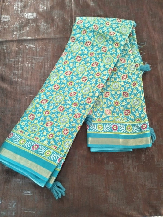 Sea green with zari border Cotton fancy  Saree