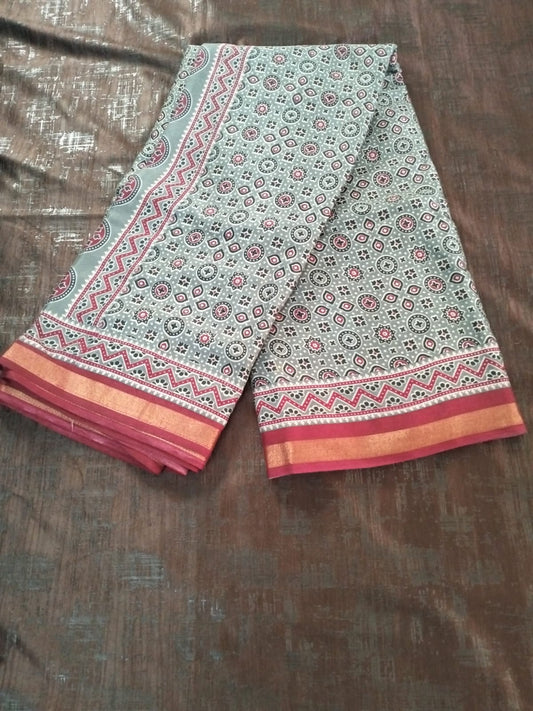 Grey with red and zari border design Cotton fancy Saree