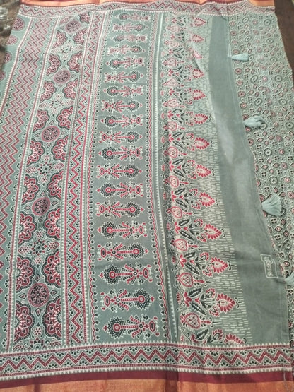 Grey with red and zari border design Cotton fancy Saree