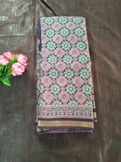 Purple with zari border Cotton fancy  Saree