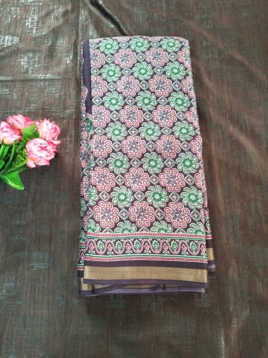 Purple with zari border Cotton fancy  Saree