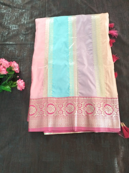 Multi pestal colour semi katan Banarasi saree