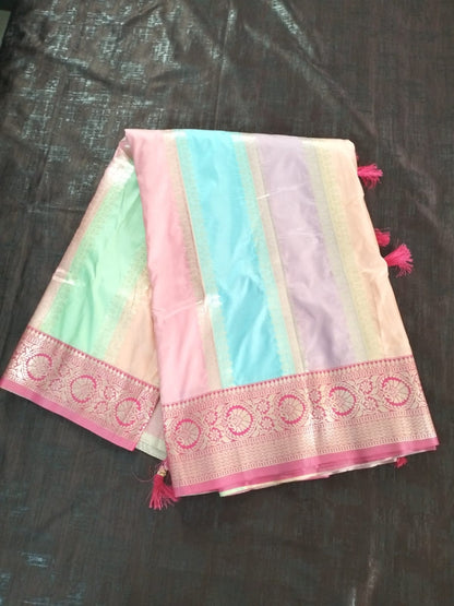 Multi pestal colour semi katan Banarasi saree