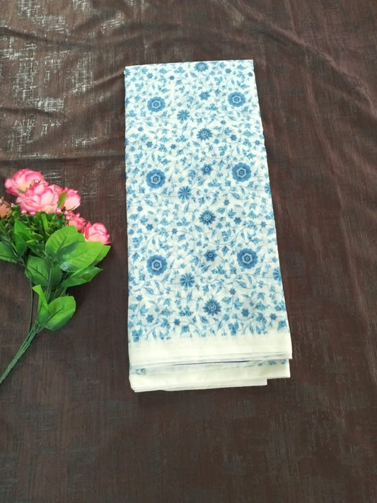 Pearl white with blue flower design soft cotton saree