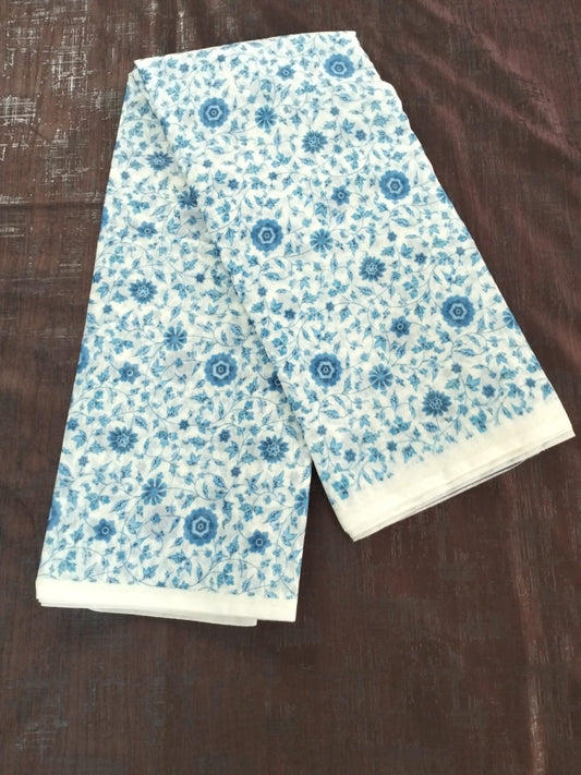 Pearl white with blue flower design soft cotton saree