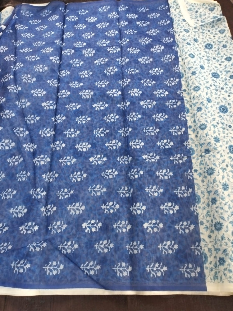 Pearl white with blue flower design soft cotton saree