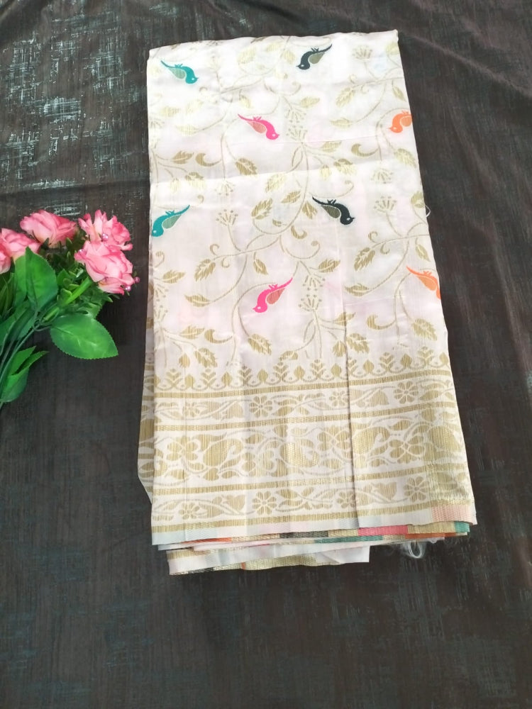 Pearl white with golden border semi silk saree with sparrow design