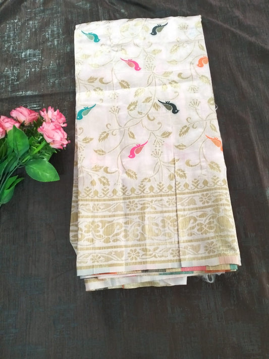 Pearl white with golden border semi silk saree with sparrow design