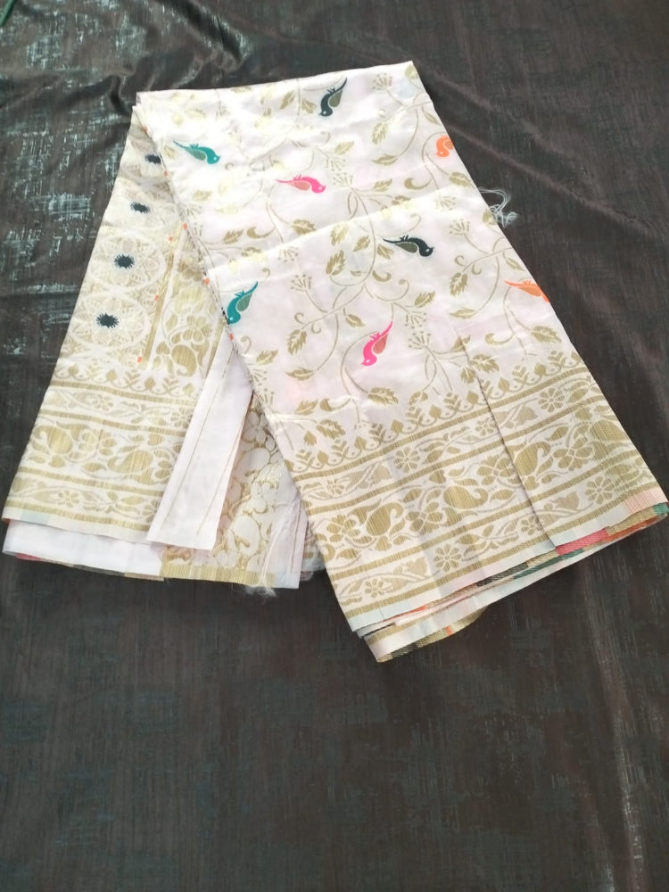 Pearl white with golden border semi silk saree with sparrow design