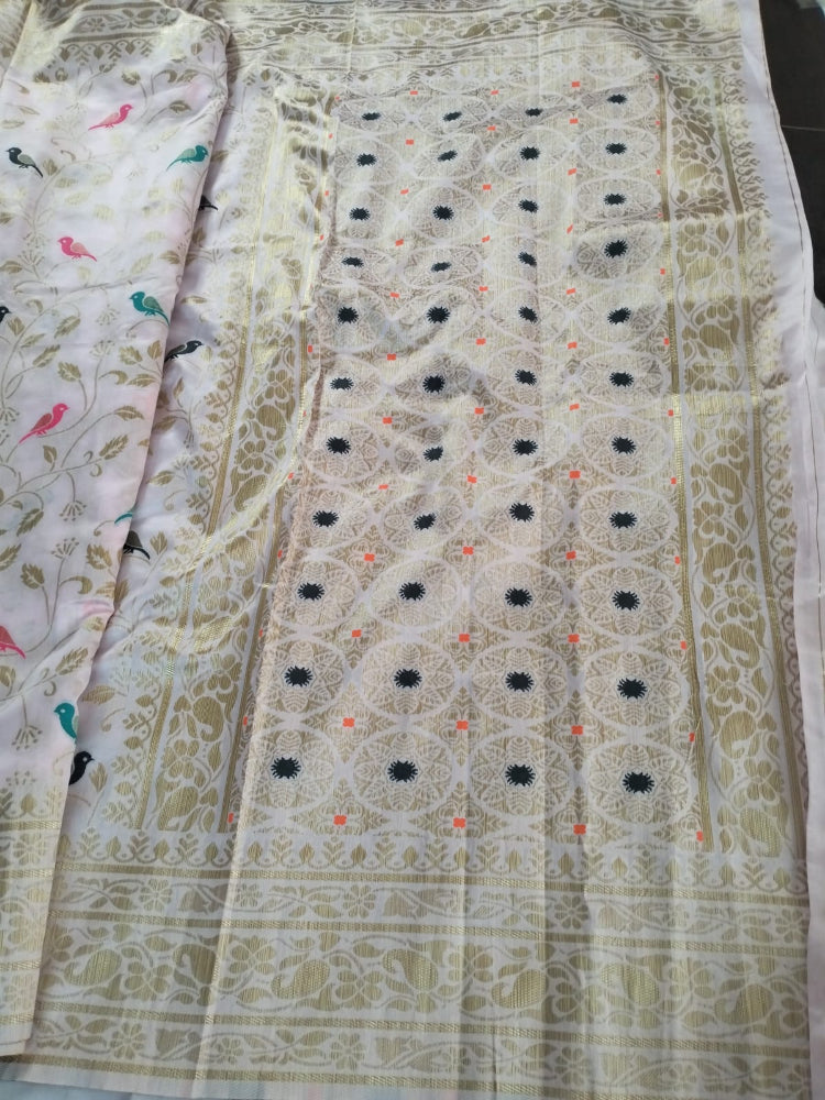 Pearl white with golden border semi silk saree with sparrow design