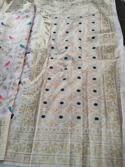 Pearl white with golden border semi silk saree with sparrow design