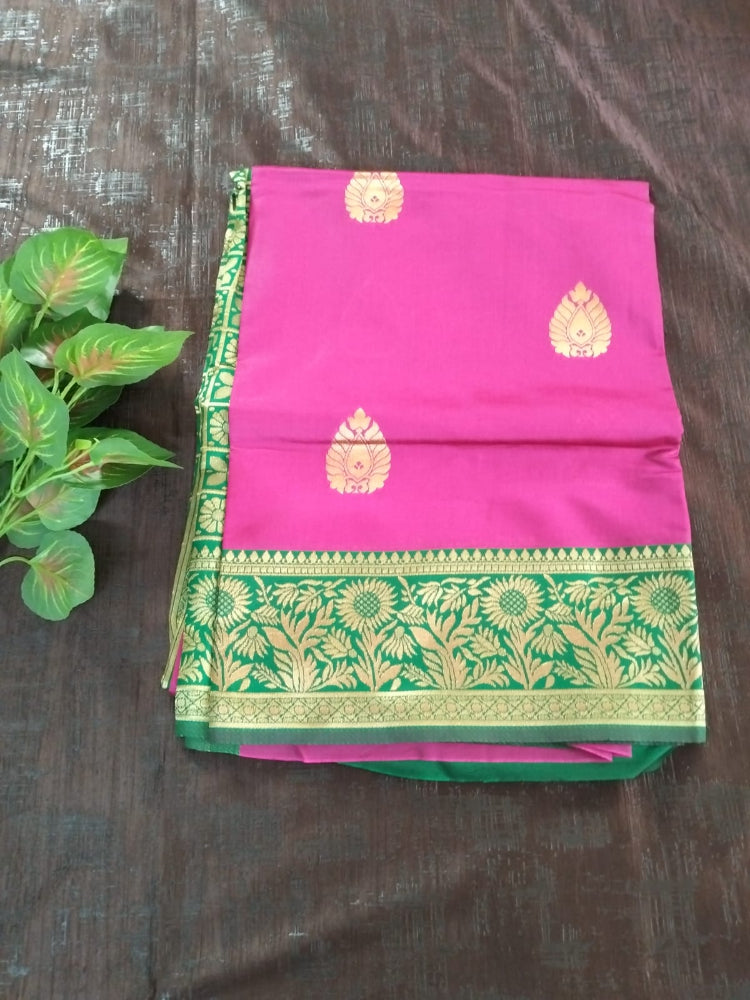 Dark Pink with Green border with Golden design lichee silk