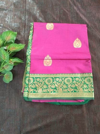 Dark Pink with Green border with Golden design lichee silk