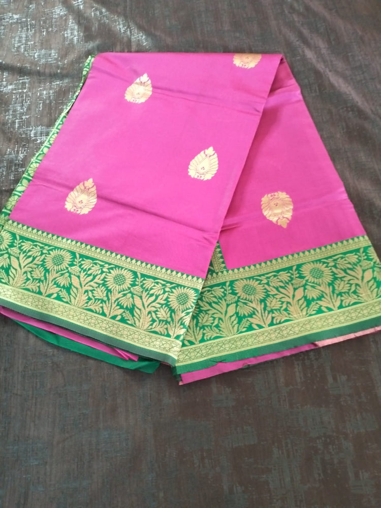 Dark Pink with Green border with Golden design lichee silk
