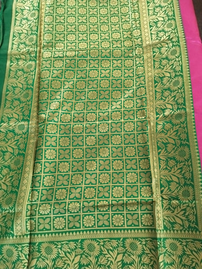 Dark Pink with Green border with Golden design lichee silk