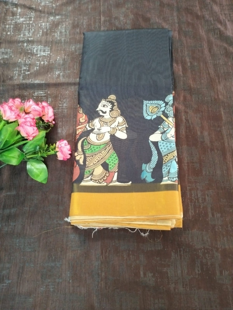 Black with Yellow border Kalamkari unique design semi tusser saree