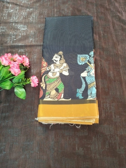 Black with Yellow border Kalamkari unique design semi tusser saree