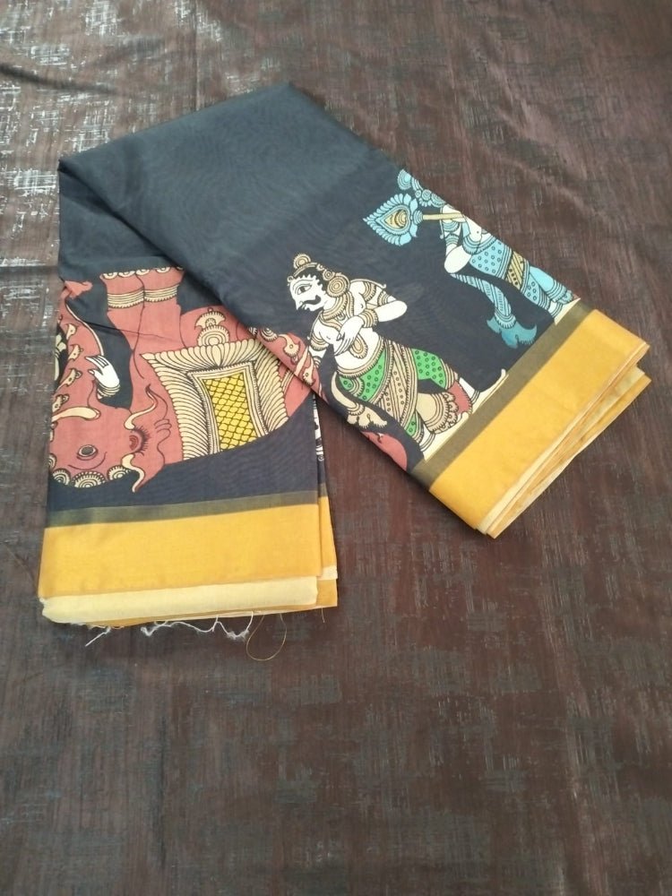 Black with Yellow border Kalamkari unique design semi tusser saree
