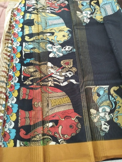 Black with Yellow border Kalamkari unique design semi tusser saree