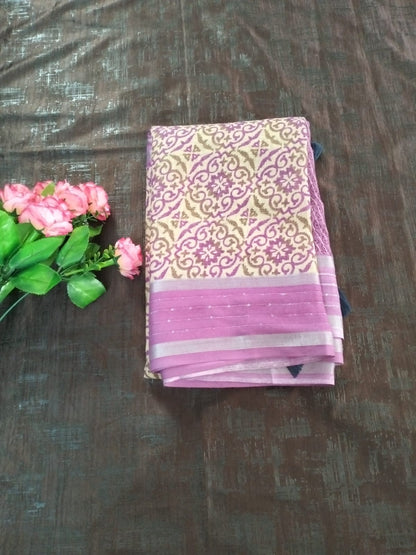 Pink with Yellow design Cotton fancy Saree